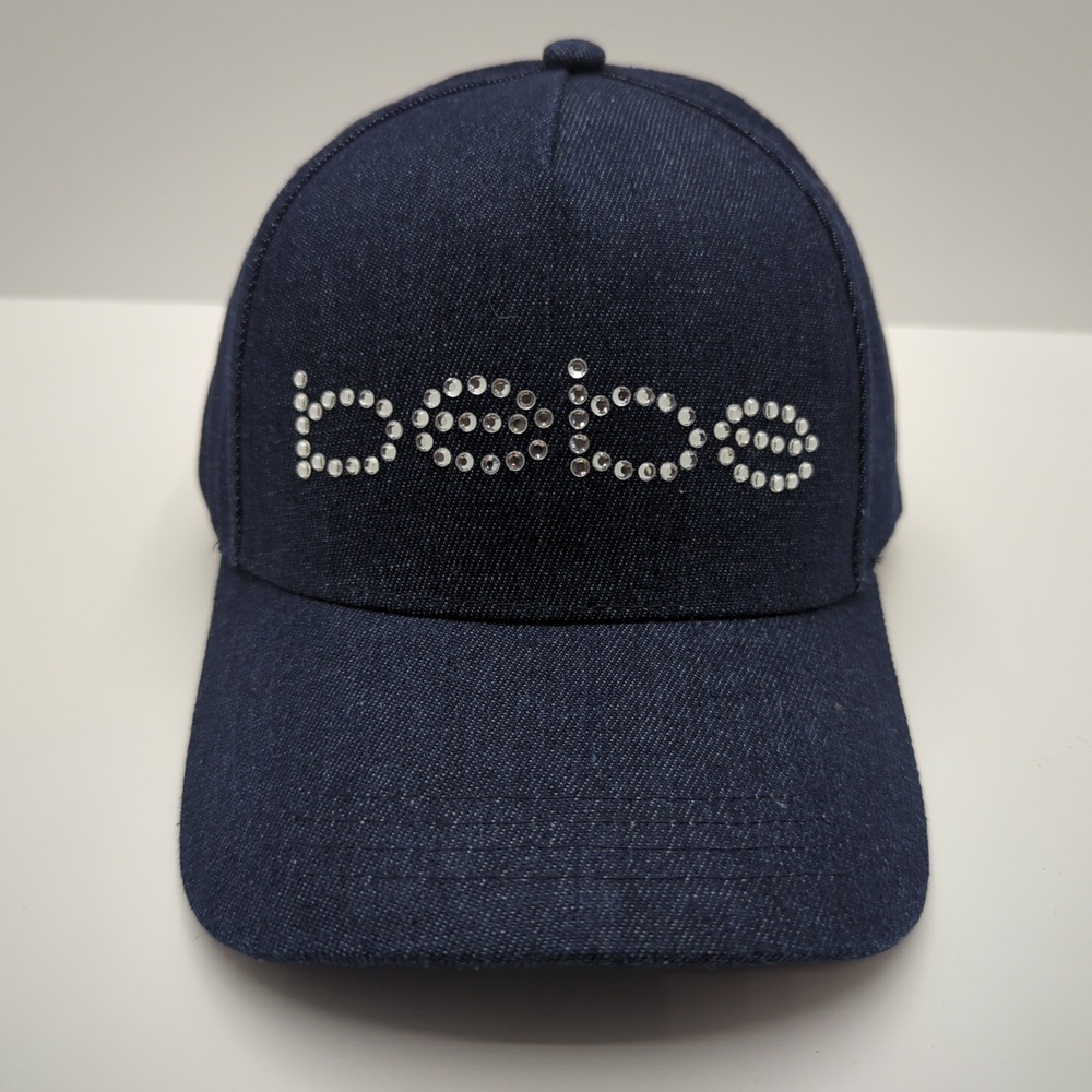 Bebe Dark Wash Denim Baseball Cap Rhinestone Logo Adjustable Hat Blue Bling NWT